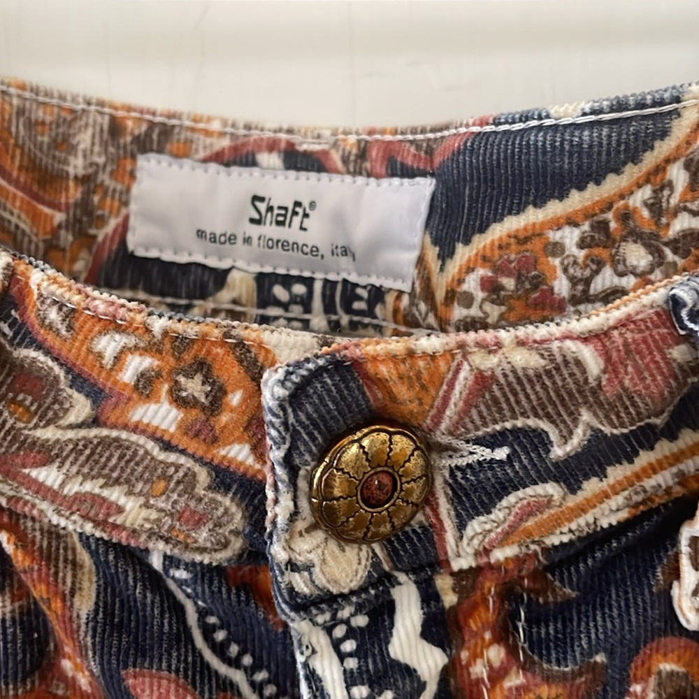 Shaft NWOT Lola Paisley VelvetCorduroy‎ Pants Italian RARE Blue/Rust Size 29/33 - Picture 6 of 12